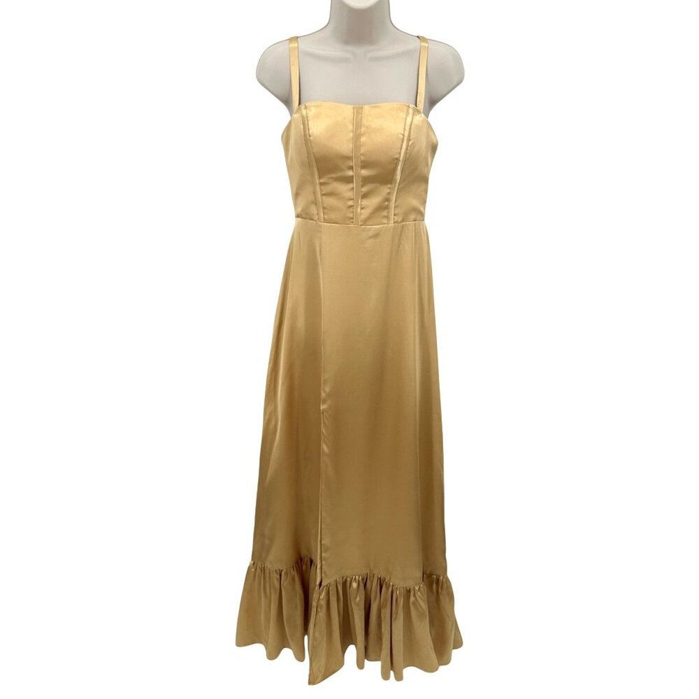 HY Gold Satin Adjustable Straps & Ruffled Hem Maxi Formal Dress Size 4